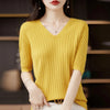 Women's V-Neck Short Sleeve Knit Top - Slim Casual Korean Pullover for Spring/Summer (Poly Cotton)