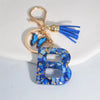 Blue Glazed Stone A to Z Initial Keychain with Butterfly Tassel – 55mm (2.17 in) Resin Alphabet Charm for Women, Car & Bag