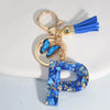 Blue Glazed Stone A to Z Initial Keychain with Butterfly Tassel – 55mm (2.17 in) Resin Alphabet Charm for Women, Car & Bag
