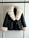 Women's Faux Leather Shearling Coat with Large Fox Fur Collar - Warm PU Moto Biker Jacket