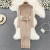 YUOOMUOO Turtleneck Wrap Midi Knit Sweater Dress with Belt - Long Sleeve Bodycon, Autumn/Winter, One Size