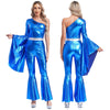 Women's 70s Disco Metallic Jumpsuit – Retro Hippie Bell-Bottom with Tiered Flare Sleeves, Back-Zip Party Costume