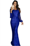 Women's Long Sleeve Tassel Sequin Floor-Length Evening Gown - Slim Sheath Dinner Dress