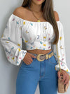 Women's Off Shoulder Bow Chiffon Lantern Sleeve Cropped Slim Printed Blouse