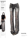 Women's Grey High-Waist Ripped Skinny Jeans - Harajuku Vintage Distressed Slim Denim