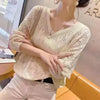 Women's V-Neck Crochet Hollow-Knit Batwing Sweater - Loose Lightweight Autumn Korean Pullover