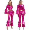 Women's 70s Disco Metallic Jumpsuit – Retro Hippie Bell-Bottom with Tiered Flare Sleeves, Back-Zip Party Costume