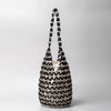 Woven Hollow-Out Bucket Shoulder Bag with Wooden Bead Handle - Netted Canvas Beach Tote for Women