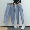 Women's High-Waist Cargo Jeans - Korean Loose Harem Straight-Leg Ankle Pants with Pockets
