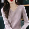 Women's V-Neck Long Sleeve Knitted Pullover — Lightweight Striped Office Sweater for Autumn/Winter