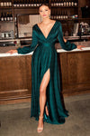 Green Satin V-Neck Floor-Length Evening Gown with High Split and Full Sleeves, Bridal Ball Pageant Dress