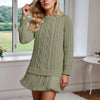 Women’s Winter Cable Knit Chiffon-Splice Round Neck Mini Dress – Casual Slim Fit