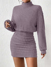 High Neck Knit Mini Dress - Slim Fit Pullover Sweater Dress for Women, Autumn/Winter