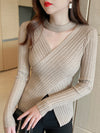 Women's Hollow Knit V-Neck Long Sleeve Slim Stretch Pullover — Lightweight Autumn/Winter Layering Top