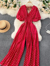 Women's Summer Polka Dot V-Neck Jumpsuit Korean Retro Puff Sleeve Belted Wide-Leg