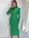 Women's Green Shoulder-Pad Bodycon Maxi Dress, Long Sleeve Party & Club Evening Gown