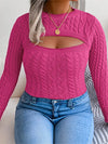 Plus Size Cutout Knit Sweater - Long Sleeve Crewneck Slim Fit Pullover for Women