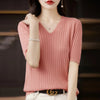 Women's V-Neck Short Sleeve Knit Top - Slim Casual Korean Pullover for Spring/Summer (Poly Cotton)