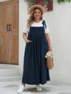 Plus Size Tie-Shoulder Overalls Maxi Dress with Pockets — Casual Sleeveless Loose Summer (1XL-4XL)