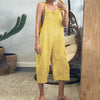 Plus Size Women's Cotton-Linen V-Neck Loose Jumpsuit — Button Bib Overalls, Wide Leg Casual Romper
