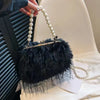 Luxy Moon Faux Fur Evening Bag with Pearl Chain and Long Tassel Plush Shoulder Tote Wedding Handbag