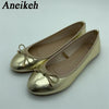 Gold and Silver Bow-Accent Ballerina Flats Round Toe Slip-On Comfort Loafers for Women