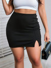 Plus Size High Waist Bodycon Mini Skirt with Side Slit - Stretch Pencil Skirt