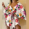 Women's Floral V-Neck Ruffle Batwing Sleeve Bohemian Mini Dress - Loose Summer Beach Vacation Sundress