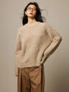 SuyaDream Alpaca Blend Drop-Shoulder Pullover Sweater – Loose O-Neck One Size (47.2 in / 120 cm), Camel Beige