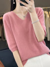 Women’s V-Neck Merino Wool Half-Sleeve Pullover – Lightweight Spring/Summer Knit Top