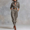 Women's Retro Button Lapel Jumpsuit - High-Waist Long Sleeve Slim Romper with Pockets