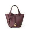 Genuine Leather Litchi-Texture Mini Bucket Shoulder Bag with Lock - Soft Tote Handbag for Women