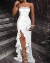White Strapless Ruffle Maxi Dress with High Side Slit – Asymmetrical Bodycon Evening & Party Gown