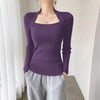 Korean Style Women's Square Collar Slim Layered Knit Sweater Long Sleeve Autumn Winter
