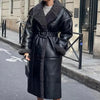 Women's Faux Fur Lined Faux Leather Long Coat – Lapel Belted Patchwork Winter Jacket
