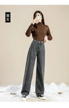 Women's High-Waist Wide-Leg Fleece Jeans — Korean Style Thick Straight Ankle-Length Pants