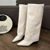 Women's Chunky Knee-High PU Leather Chelsea Boots Pointed Toe Square Heel Platform Winter Boots