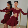 Girls Latin Dance Set - Long Sleeve Crop Top & Short Skirt for Cha Cha Samba Competitions, Burgundy & Black