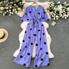 Women's Bohemian Polka Dot V-Neck Wide Leg Jumpsuit with Dolman Sleeves and High Waist