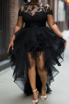 Plus Size Evening & Cocktail Dress - Short Sleeve Round Neck High-Low Ruffle Tulle Mermaid Maxi