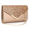 Gold V-Design Sequin Envelope Clutch with Metal Chain – Evening & Wedding Handbag