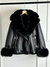 Women's Faux Leather Shearling Coat with Large Fox Fur Collar - Warm PU Moto Biker Jacket