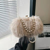 Luxy Moon Faux Fur Evening Bag with Pearl Chain and Long Tassel Plush Shoulder Tote Wedding Handbag