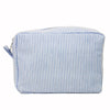 Seersucker Ruffle Makeup Bag — Pink & Purple Striped Zipper Pouch for Travel & Toiletries