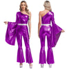 Women's 70s Disco Metallic Jumpsuit – Retro Hippie Bell-Bottom with Tiered Flare Sleeves, Back-Zip Party Costume