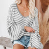 Women's Korean V-Neck Pullover Sweater - Loose Striped Knit Jumper