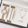 Women's Luxury Quartz Watch & 5-Piece Rhinestone Jewelry Set – Stainless Steel Strap, Bracelet, Necklace, Earrings & Ring