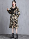 Nerazzurri Leopard Print Faux Fur Long Coat with Adjustable Leather-Style Belt - Women's Warm Plush Winter Jacket