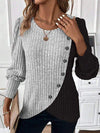 Plus Size 1XL-3XL Women's Winter Patchwork Striped O-Neck Pullover Sweater with Button Detail, Loose Knit