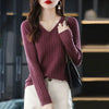Women's V-Neck Knit Pullover Sweater — Long Sleeve Loose Fit Office Style